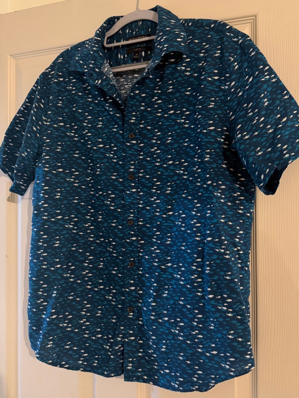 Banana Republic linen / cotton Teal & White Short-Sleeve Button-Down Shirt slim